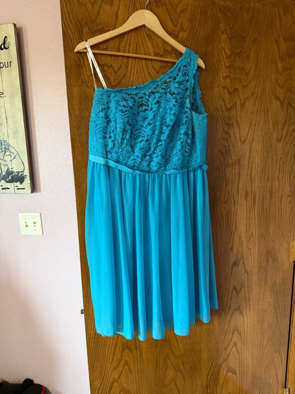 David's Bridal One-Shoulder Lace Bodice Teal Dress